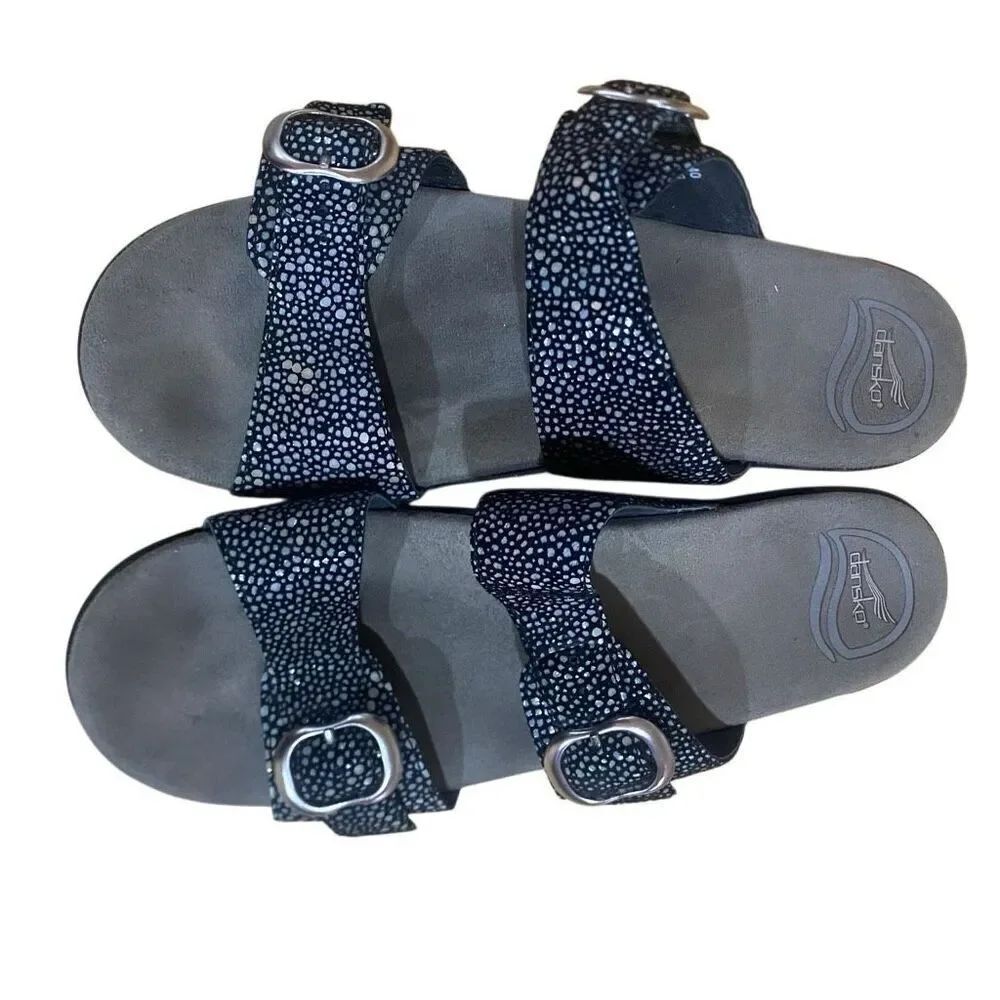 Dansko Sophie Shagreen Black Leather Polka Dot Wedge Heel Sandals Size 40 (US 9.